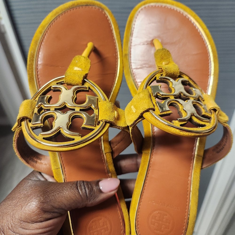 Tory Burch Yellow and Brown Leather Sandals with Gold Hardware